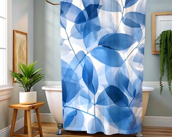 Blue Botanical Leaf Pattern Shower Curtain, Nature-Inspired Bathroom Decor, Earthy Dorm Aesthetic, Navy Foliage Print, Aqua Textile