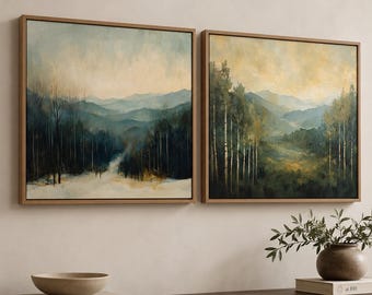 Set of 2 Forest Landscape Wall Art, Birch Woodland Prints, Mountain Nature Decor, Rustic Cabin Artwork, Framed Canvas, Wilderness Wall Decor