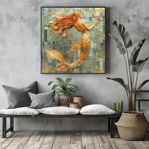 Mosaic Look Gold Mermaid Wall Art, Ocean Fantasy Decor, Elegant Mermaid Print, Coastal Beach Mermaid Wall Art Print image 6