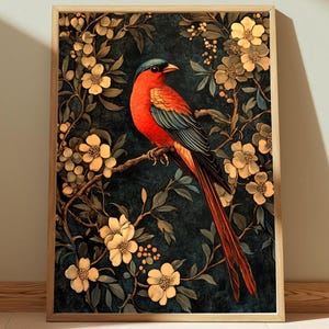 Floral Bird Wall Art, William Morris Inspired Canvas, Vintage Botanical Bird Print, Cottagecore Nature Decor, Gift for Bird Lovers