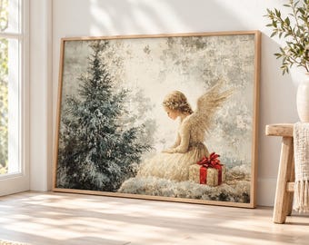 Christmas Angel Wall Art, Snowy Evergreen Canvas Print, Vintage Guardian Angel with Gift, Woodland Winter Decor, Inspirational Holiday Gift