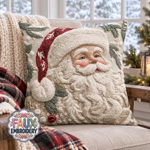 May include: A square throw pillow featuring a textured, raised-stitch design of Santa Claus with a white beard, mustache, and a red hat. The background is a light beige color with green pine sprig accents. A small red berry is visible near the bottom.