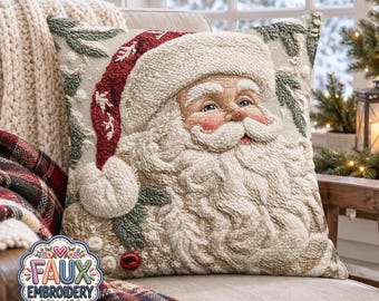Santa Claus Throw Pillow, Faux Embroidery Print, Vintage Christmas Cushion, Red Cream Sage Green Decor, Cozy Farmhouse Accent