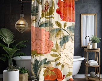 Retro Floral Shower Curtain, Vintage Oversized Bloom Bathroom Curtain 71x74, Warm Cottagecore Botanical Style, Coral Red Flower Bath Decor