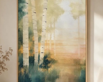 Birch Tree Framed Canvas Art, Abstract Forest Print, Neutral Teal And Blush Decor, Modern Nature Artwork, Serene Living Room Wall Art