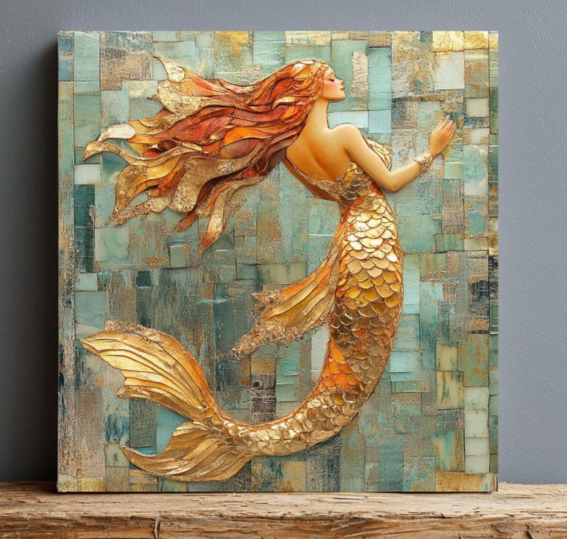 Mosaic Look Gold Mermaid Wall Art, Ocean Fantasy Decor, Elegant Mermaid Print, Coastal Beach Mermaid Wall Art Print image 1