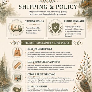 The image is a poster or flyer with information about shipping and policies for a company called "Homedecora". It includes icons and text to provide details about the company's shipping and product policies.