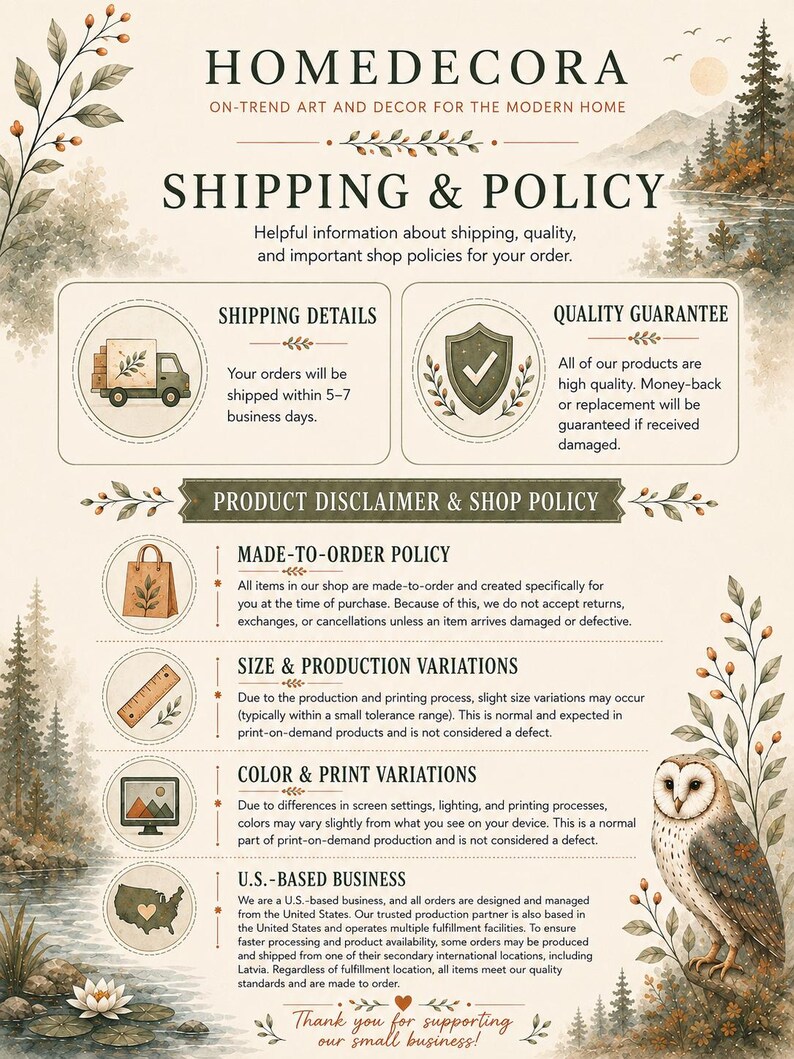 The image is a poster or flyer with information about shipping and policies for a company called "Homedecora". It includes icons and text to provide details about the company's shipping and product policies.