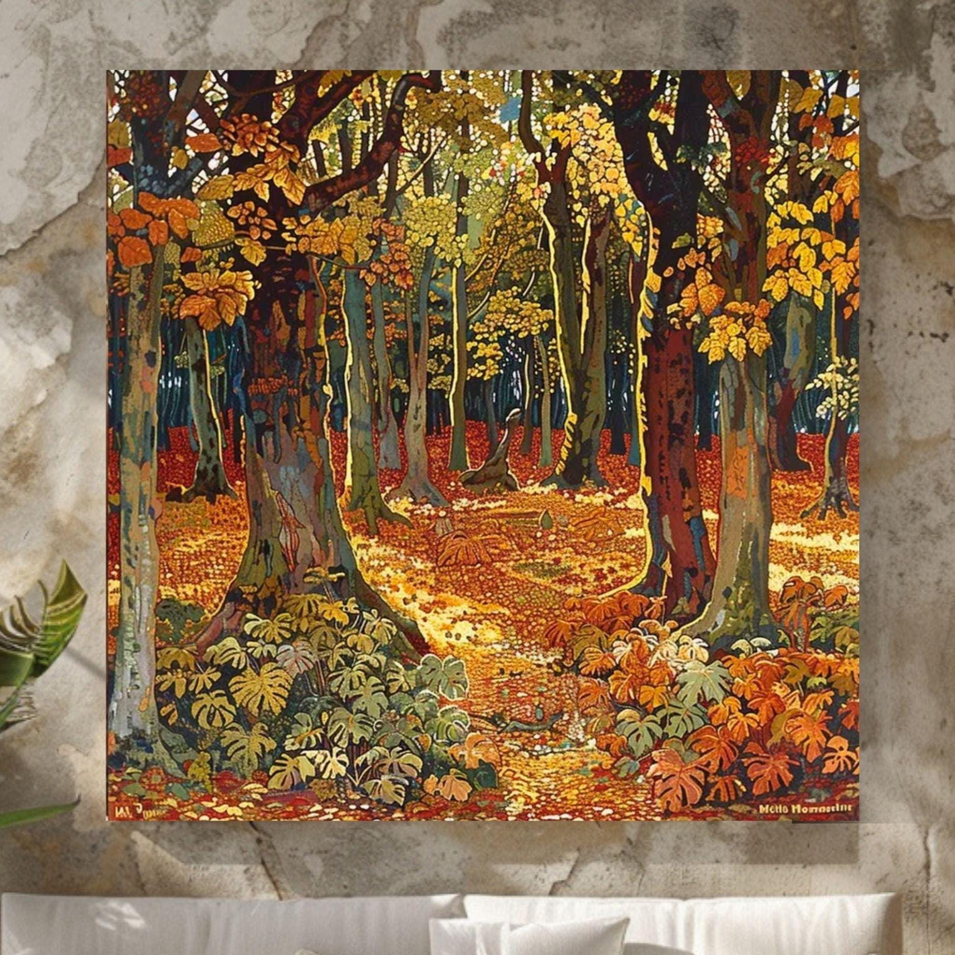 William Morris Inspired Autumn Forest Canvas Wall Art, Vintage