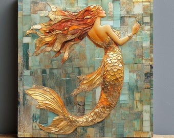 Mosaic Look Gold Mermaid Wall Art, Ocean Fantasy Decor, Elegant Mermaid Print, Coastal Beach Mermaid Wall Art Print