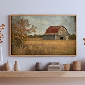 Arte de parede em tela com moldura de madeira de celeiro vintage, impressão rústica de fazenda, pintura de paisagem de celeiro antigo desgastada, decoração rústica para casa rural