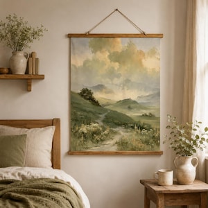 Landschapstapijt, verticale wanddecoratie voor de woonkamer, slaapkamerdecoratie met bergmotief, groot stoffen wandkunstwerk, rustieke woonaccessoire