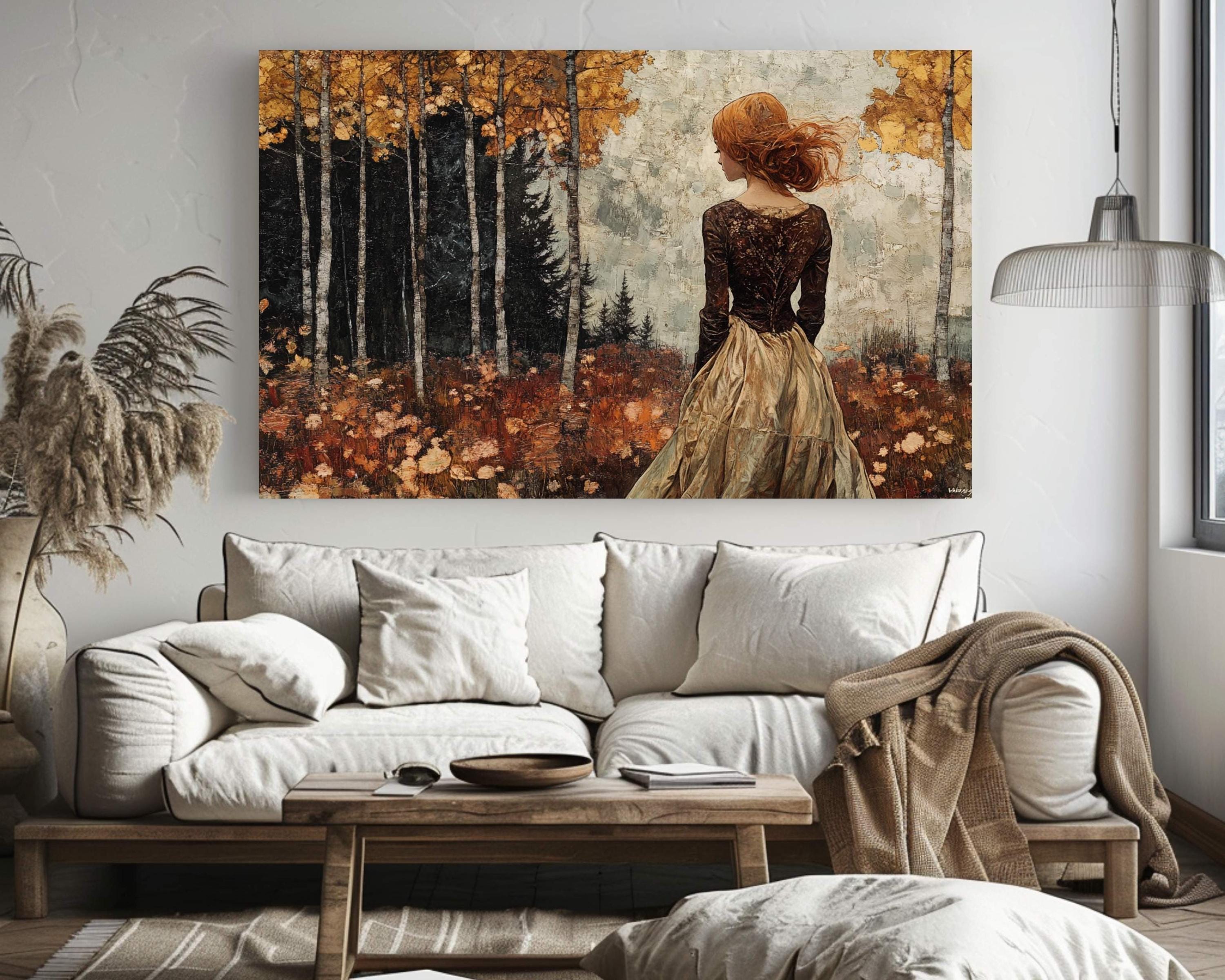 秋の森の女性のウォールアート - ロマンチックな秋の風景画、素朴な