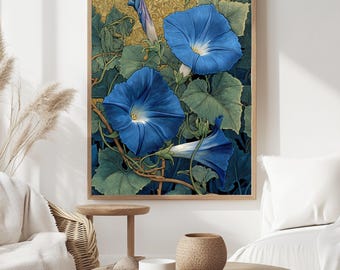 Morning Glory Wall Art, William Morris Inspired Blue Floral Canvas