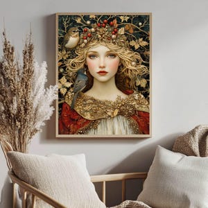 Winter Solstice Goddess Wooden Canvas Art, Enchanted Woman Wall Print, Holiday Nature-Inspired Decor, Mystical Framed Canvas image 7