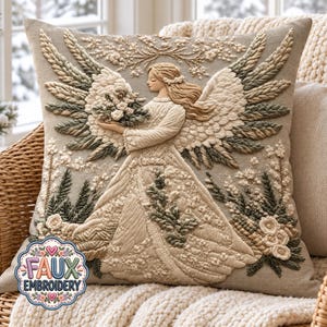 May include: A square throw pillow featuring intricate embroidery of an angel with large wings, holding a bouquet of flowers. The design uses shades of cream, beige, and sage green on a light fabric. A circular logo reads FAUX EMBROIDERY.