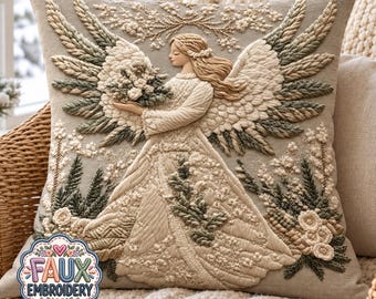 Angel Throw Pillow, Faux Embroidery Print, Cream Sage Green Floral Cushion, Neutral Christmas Decor, Cottage Accent, Spiritual Holiday Gift