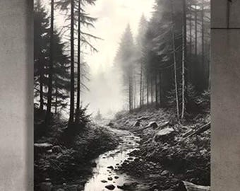 Black and White Misty Forest Canvas Wall Art, Black Framed Wall Art, Foggy Forest Wall Art, Foggy Forest Art, Moody Black and White Painting