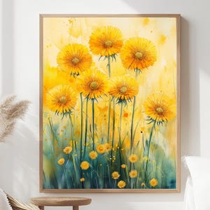 Golden Dandelion Dreams Framed Canvas, Vibrant Yellow Wildflower Art, Watercolor Floral Wall Accent, Cheerful Botanical Home Decor