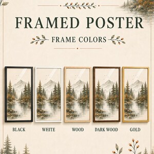 The image is a framed poster featuring a landscape scene with trees, mountains, and a river. The poster displays five different frame colors: black, white, wood, dark wood, and gold.