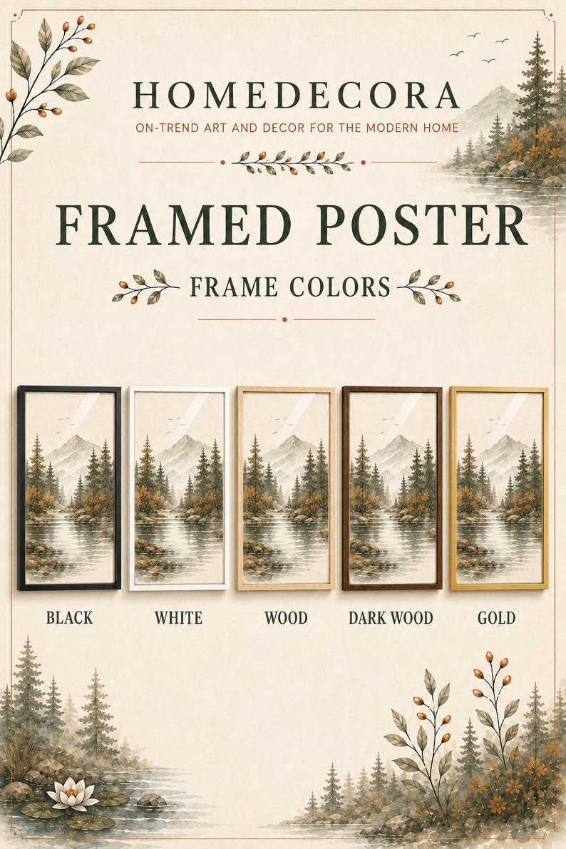 The image is a framed poster featuring a landscape scene with trees, mountains, and a river. The poster displays five different frame colors: black, white, wood, dark wood, and gold.