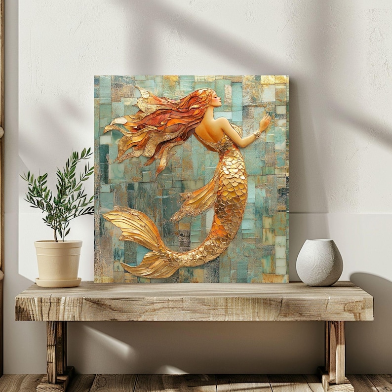 Mosaic Look Gold Mermaid Wall Art, Ocean Fantasy Decor, Elegant Mermaid Print, Coastal Beach Mermaid Wall Art Print image 4