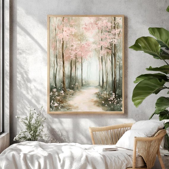 Muted Forest Framed Canvas, Trees Framed Wall Art, Natural Wood Framed Canvas for Bedroom, Moody Woodland Framed Art, Aesthetic Room Decor