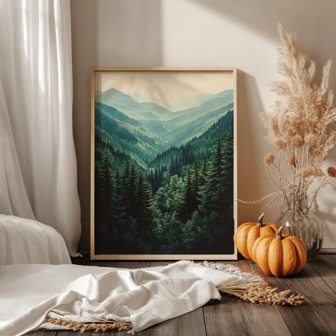Evergreen Valley Wall Art, Misty Mountain Forest Landscape Print ...