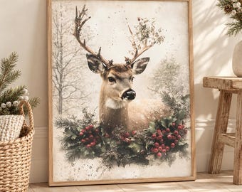 Christmas Deer Wall Art, Vintage Reindeer Canvas Portrait, Rustic Woodland Winter Decor, Farmhouse Christmas Print, Holiday Wildlife Artwork