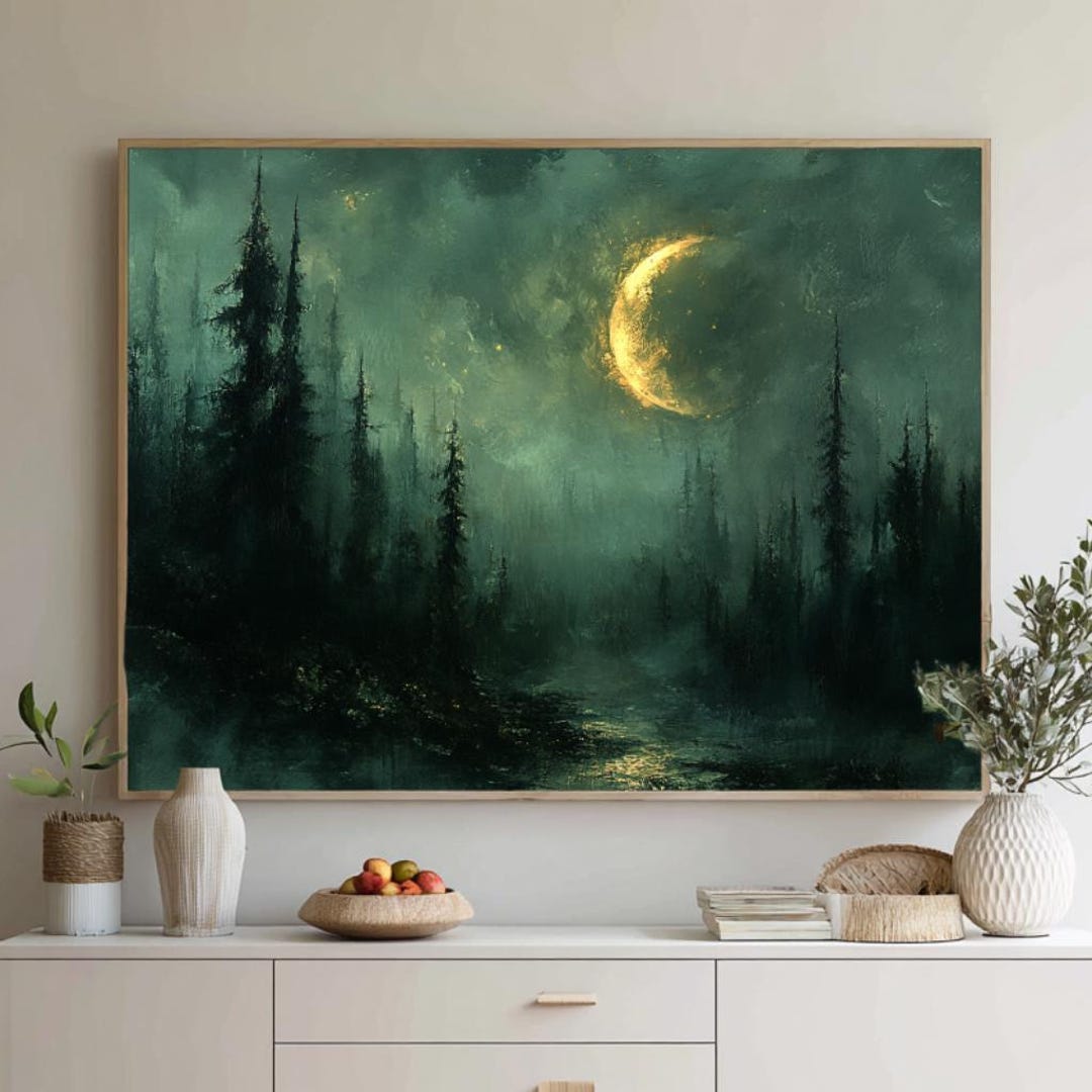 Crescent Moon Forest Wall Art, Mystical Night Framed Canvas, Moody ...
