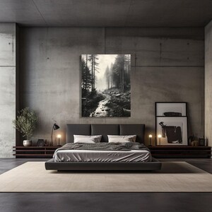 Black and White Misty Forest Canvas Wall Art, Black Framed Wall Art, Foggy Forest Wall Art, Foggy Forest Art, Moody Black and White Painting image 5