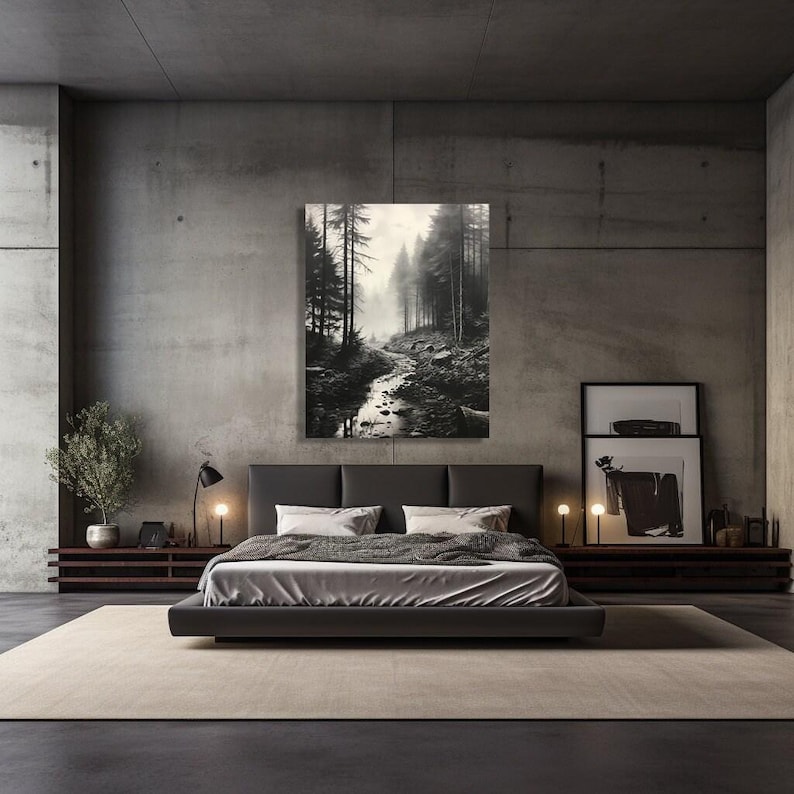 Black and White Misty Forest Canvas Wall Art, Black Framed Wall Art, Foggy Forest Wall Art, Foggy Forest Art, Moody Black and White Painting image 5