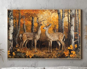 Deer Autumn Forest Wall Art Print, Rustic Woodland Canvas, Wildlife Nature Painting, Rustic Forest Scene, Hunting Lodge Art