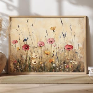 Quadro rustico con campo di fiori selvatici, paesaggio floreale di campagna su tela, stampa vintage con cornice a tema natura, arredamento per la casa in stile cottage o fattoria.