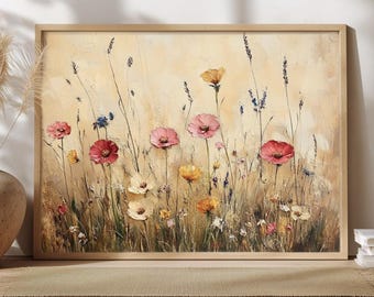 Rustik väggkonst med vildblommor, kanvas med blommigt landskap och äng, inramad vintage-natur, heminredning med stuga och bondgård