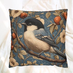 Vintage Bluebird Floral Pillow Cover, William Morris Style Cushion, Cottagecore Home Decor, Rustic Botanical Throw, Nature Inspired Accent