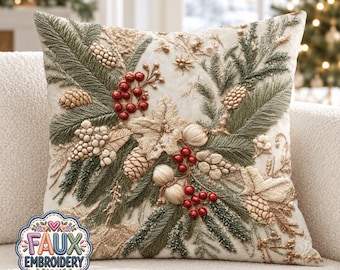 Pinecone Throw Pillow, Evergreen Red Berry Christmas Cushion, Faux Embroidery Print, Rustic Woodland Holiday Decor, Winter Cabin Gift