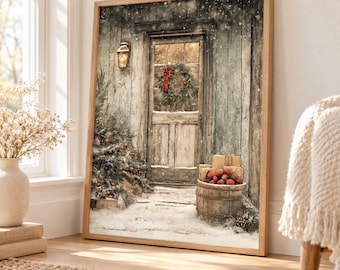 Country Christmas Wall Art, Antique Wooden Door Canvas, Glowing Lantern And Red Bow Wreath, Snowy Rustic Porch, Winter Cottage Decor