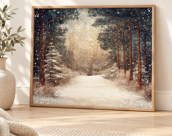 Winter Landscape Wall Art, Snowy Forest Canvas Print, Vintage Woodland Painting, Rustic Cabin Decor, Snowfall Nature Wall Decor Gift