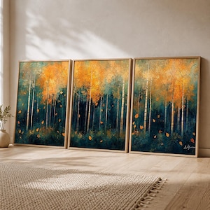 Set of 3 Autumn Birch Forest Wall Art, Teal and Orange Canvas Triptych, Fall Woodland Prints Trio, Modern Rustic Nature Decor
