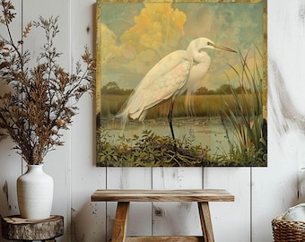 Single Egret William Morris Style Art Canvas, Vintage Framed Bird Canvas Art, Vintage Inspired Illustration, Ready to Hang Decor, Home Gift