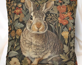 Pillow Vintage Inspired William Morris Rabbit Bunny, Living Room Decor, Bunny Cushion Cover, Autumn Rabbit Pillow, Accent Pillow Bunny