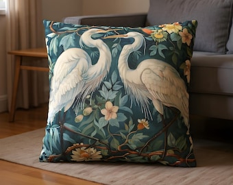 Witte zilverreigers William Morris-stijl kussenslopen, klassiek sierkussen en kussensloop, vierkant kussen, woonkamerdecor, decor Morris