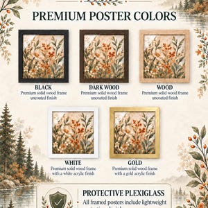 The image is an advertisement for home decor featuring a variety of premium poster colors, including black, dark wood, wood, white, gold, and protective plexiglass. The poster highlights the different options available for decorating a modern home, with a focus on the plexiglass poster as a lightweight and protective option.