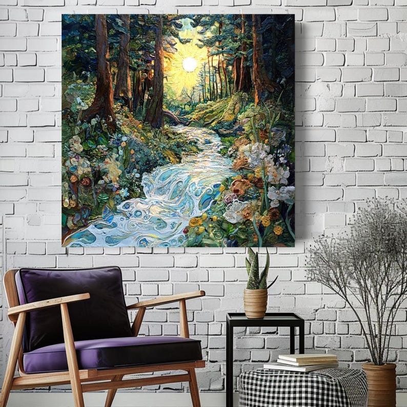Woodland Wall Art, Mystical Wall Art, Forest River Print, Vintage Framed Canvas, Mystical Home Decor, Nature Wall Decor image 5