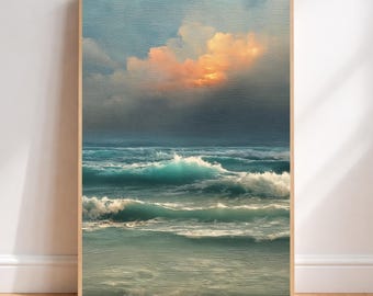 Ocean Waves Wall Art, Moody Seascape Print, Dramatic Ocean Artwork, Coastal Sunset Framed Canvas, Beach House Decor