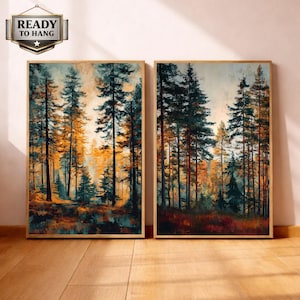 May include: Two vertical wall art prints featuring a forest landscape with tall pine trees in shades of deep green, burnt orange, and golden yellow. The artwork displays a painterly texture with a light-coloured sky and a badge reading READY TO HANG.