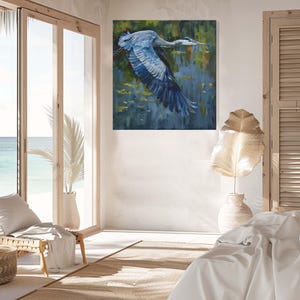 Great Blue Heron Painting Blue Heron Art William Morris Style Vintage Coastal Home Decor Blue Heron Wall Art Large Bird Picture Wild Birds image 2