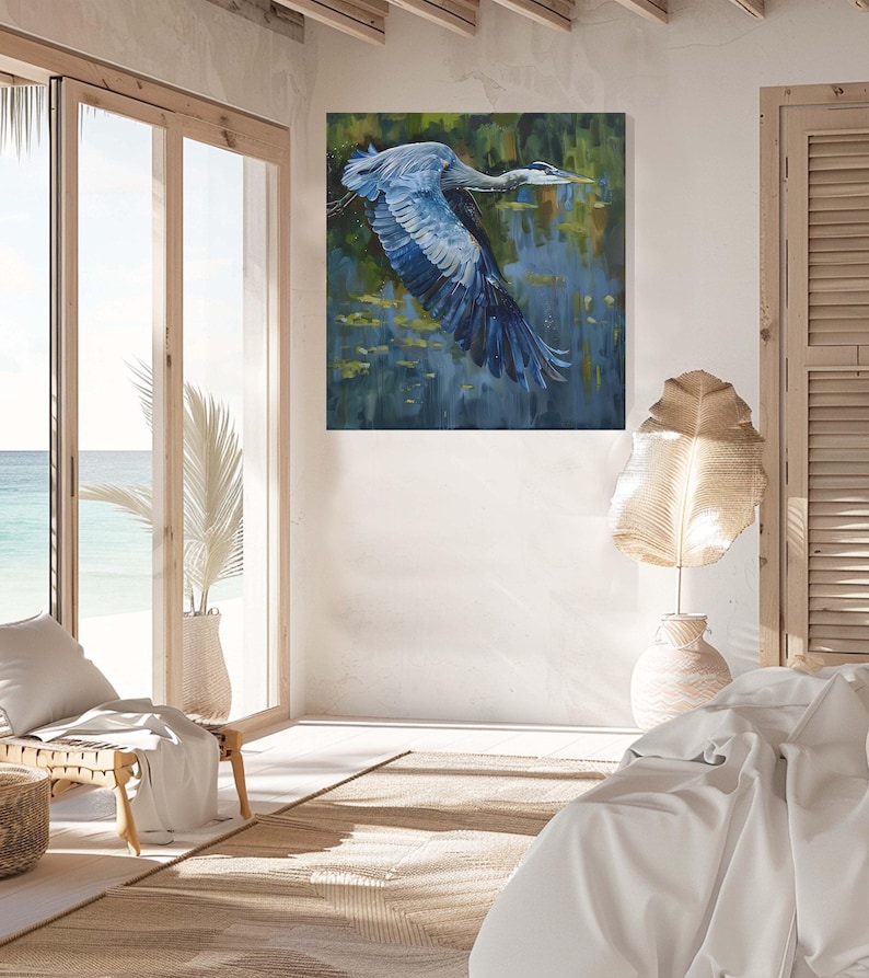 Great Blue Heron Painting Blue Heron Art William Morris Style Vintage Coastal Home Decor Blue Heron Wall Art Large Bird Picture Wild Birds image 2
