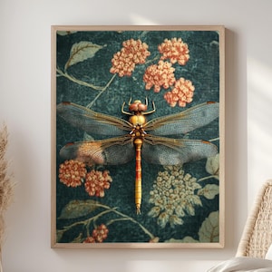 Tela incorniciata con libellula dorata, stampa murale vintage con insetti floreali, stampa botanica naturalistica, elegante decorazione entomologica, accento ispirato al giardino